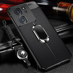Soft Silicone Gel Leather Snap On Case Cover with Magnetic Finger Ring Stand for Xiaomi Mi 13T Pro 5G Black