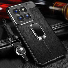 Soft Silicone Gel Leather Snap On Case Cover with Magnetic Finger Ring Stand for Xiaomi Mi 14 5G Black