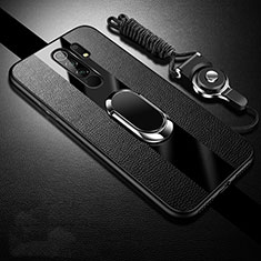 Soft Silicone Gel Leather Snap On Case Cover with Magnetic Finger Ring Stand for Xiaomi Redmi 9 Black