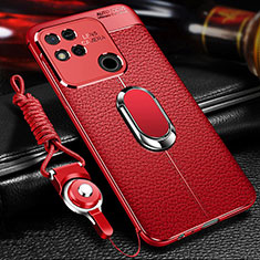 Soft Silicone Gel Leather Snap On Case Cover with Magnetic Finger Ring Stand for Xiaomi Redmi 9 India Red