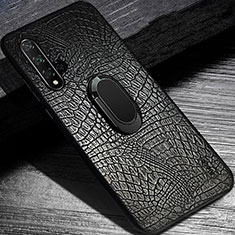 Soft Silicone Gel Leather Snap On Case Cover with Magnetic Finger Ring Stand K02 for Huawei Nova 5T Black