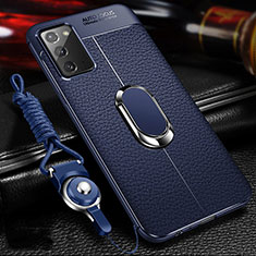 Soft Silicone Gel Leather Snap On Case Cover with Magnetic Finger Ring Stand N02 for Samsung Galaxy Note 20 5G Blue