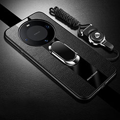 Soft Silicone Gel Leather Snap On Case Cover with Magnetic Finger Ring Stand PB1 for Huawei Mate 60 Pro Black