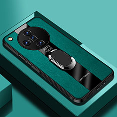 Soft Silicone Gel Leather Snap On Case Cover with Magnetic Finger Ring Stand PB1 for Oppo Find X7 Ultra 5G Green