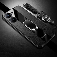 Soft Silicone Gel Leather Snap On Case Cover with Magnetic Finger Ring Stand PB1 for Realme 10S 5G Black