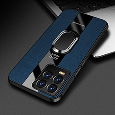 Soft Silicone Gel Leather Snap On Case Cover with Magnetic Finger Ring Stand PB1 for Realme 8 4G Blue
