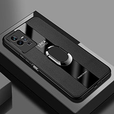 Soft Silicone Gel Leather Snap On Case Cover with Magnetic Finger Ring Stand PB1 for Vivo iQOO 11 5G Black