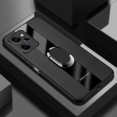 Soft Silicone Gel Leather Snap On Case Cover with Magnetic Finger Ring Stand PB1 for Xiaomi Redmi Note 12 Pro Speed 5G Black