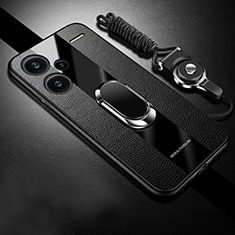 Soft Silicone Gel Leather Snap On Case Cover with Magnetic Finger Ring Stand PB1 for Xiaomi Redmi Note 13 Pro+ Plus 5G Black