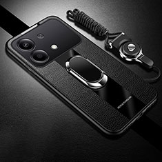 Soft Silicone Gel Leather Snap On Case Cover with Magnetic Finger Ring Stand PB1 for Xiaomi Redmi Note 13R Pro 5G Black