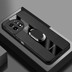 Soft Silicone Gel Leather Snap On Case Cover with Magnetic Finger Ring Stand PB2 for OnePlus 11 5G Black