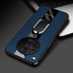 Soft Silicone Gel Leather Snap On Case Cover with Magnetic Finger Ring Stand PB2 for Oppo Find X7 Ultra 5G Blue
