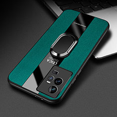 Soft Silicone Gel Leather Snap On Case Cover with Magnetic Finger Ring Stand PB2 for Vivo iQOO 11 5G Green