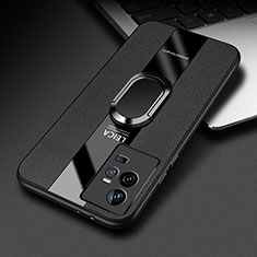 Soft Silicone Gel Leather Snap On Case Cover with Magnetic Finger Ring Stand PB2 for Vivo iQOO 11 Pro 5G Black