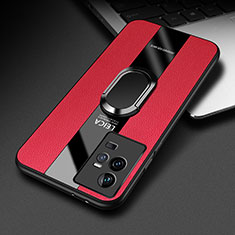 Soft Silicone Gel Leather Snap On Case Cover with Magnetic Finger Ring Stand PB2 for Vivo iQOO 11 Pro 5G Red