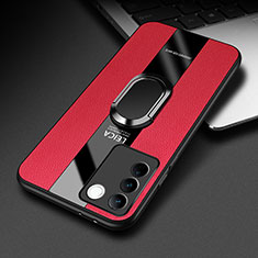 Soft Silicone Gel Leather Snap On Case Cover with Magnetic Finger Ring Stand PB2 for Vivo V27 5G Red