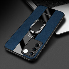 Soft Silicone Gel Leather Snap On Case Cover with Magnetic Finger Ring Stand PB2 for Vivo V27 Pro 5G Blue