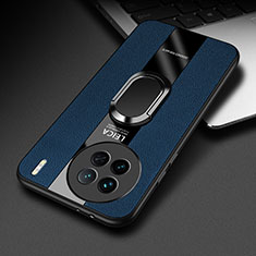 Soft Silicone Gel Leather Snap On Case Cover with Magnetic Finger Ring Stand PB2 for Vivo X90 5G Blue