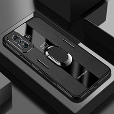 Soft Silicone Gel Leather Snap On Case Cover with Magnetic Finger Ring Stand PB2 for Xiaomi Poco F4 GT 5G Black