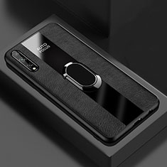 Soft Silicone Gel Leather Snap On Case Cover with Magnetic Finger Ring Stand S01 for Huawei Enjoy 10S Black