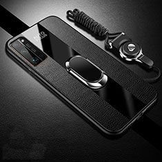 Soft Silicone Gel Leather Snap On Case Cover with Magnetic Finger Ring Stand S01 for Huawei Honor 30 Pro+ Plus Black