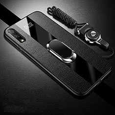 Soft Silicone Gel Leather Snap On Case Cover with Magnetic Finger Ring Stand S01 for Huawei Honor 9X Black