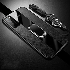 Soft Silicone Gel Leather Snap On Case Cover with Magnetic Finger Ring Stand S01 for Huawei Honor Play4 5G Black