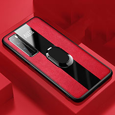 Soft Silicone Gel Leather Snap On Case Cover with Magnetic Finger Ring Stand S01 for Huawei Nova 7 Pro 5G Red