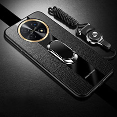 Soft Silicone Gel Leather Snap On Case Cover with Magnetic Finger Ring Stand S01 for Huawei Nova Y91 Black
