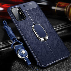 Soft Silicone Gel Leather Snap On Case Cover with Magnetic Finger Ring Stand S01 for OnePlus 8T 5G Blue