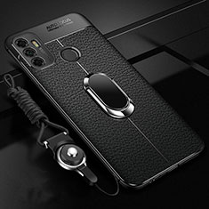 Soft Silicone Gel Leather Snap On Case Cover with Magnetic Finger Ring Stand S01 for Oppo A33 Black