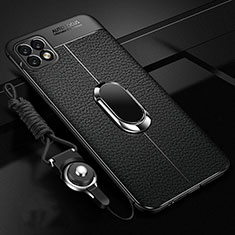 Soft Silicone Gel Leather Snap On Case Cover with Magnetic Finger Ring Stand S01 for Oppo A53 5G Black