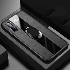 Soft Silicone Gel Leather Snap On Case Cover with Magnetic Finger Ring Stand S01 for Oppo F15 Black