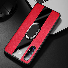 Soft Silicone Gel Leather Snap On Case Cover with Magnetic Finger Ring Stand S01 for Oppo Find X2 Neo Red