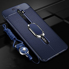 Soft Silicone Gel Leather Snap On Case Cover with Magnetic Finger Ring Stand S01 for Oppo Reno2 Z Blue