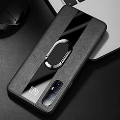 Soft Silicone Gel Leather Snap On Case Cover with Magnetic Finger Ring Stand S01 for Oppo Reno3 Pro Black