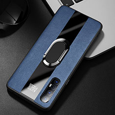 Soft Silicone Gel Leather Snap On Case Cover with Magnetic Finger Ring Stand S01 for Oppo Reno3 Pro Blue
