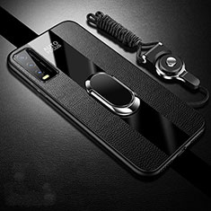 Soft Silicone Gel Leather Snap On Case Cover with Magnetic Finger Ring Stand S01 for Vivo Y11s Black