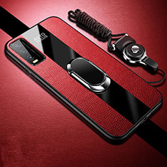 Soft Silicone Gel Leather Snap On Case Cover with Magnetic Finger Ring Stand S01 for Vivo Y20 Red