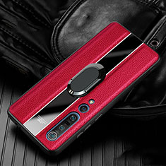 Soft Silicone Gel Leather Snap On Case Cover with Magnetic Finger Ring Stand S01 for Xiaomi Mi 10 Pro Red