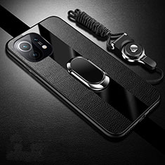 Soft Silicone Gel Leather Snap On Case Cover with Magnetic Finger Ring Stand S01 for Xiaomi Mi 11 Lite 4G Black