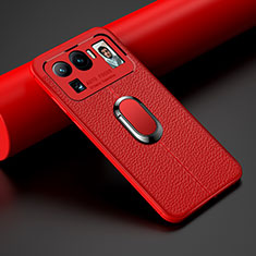 Soft Silicone Gel Leather Snap On Case Cover with Magnetic Finger Ring Stand S01 for Xiaomi Mi 11 Ultra 5G Red