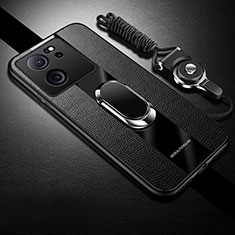 Soft Silicone Gel Leather Snap On Case Cover with Magnetic Finger Ring Stand S01 for Xiaomi Mi 13T 5G Black