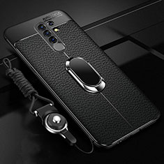 Soft Silicone Gel Leather Snap On Case Cover with Magnetic Finger Ring Stand S01 for Xiaomi Redmi 9 Prime India Black