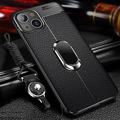Soft Silicone Gel Leather Snap On Case Cover with Magnetic Finger Ring Stand S02 for Apple iPhone 13 Black