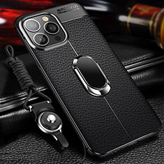 Soft Silicone Gel Leather Snap On Case Cover with Magnetic Finger Ring Stand S02 for Apple iPhone 13 Pro Black