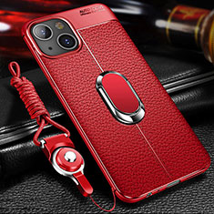 Soft Silicone Gel Leather Snap On Case Cover with Magnetic Finger Ring Stand S02 for Apple iPhone 13 Red