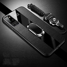 Soft Silicone Gel Leather Snap On Case Cover with Magnetic Finger Ring Stand S02 for Huawei Honor Play4 Pro 5G Black
