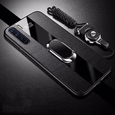 Soft Silicone Gel Leather Snap On Case Cover with Magnetic Finger Ring Stand S02 for Oppo A91 Black