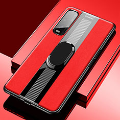 Soft Silicone Gel Leather Snap On Case Cover with Magnetic Finger Ring Stand S02 for Oppo Find X2 Red